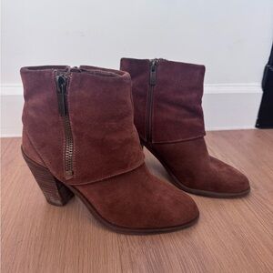 Jessica Simpson Brown Suede Fold Over Ankle Booties Block Heel Side Zip